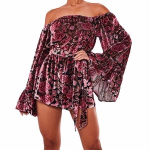 Pink bardot floral devore romper